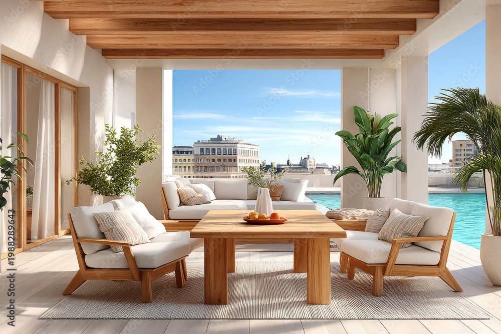 Naklejka premium Sunlit outdoor dining terrace with wooden table and lounge seating by a rooftop pool