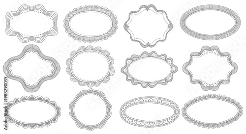 Set of 12 Decorative Oval and Round Vintage Hand-Drawn Frames, Borders, and Ornaments