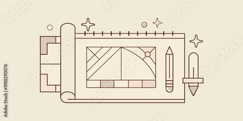 Open sketchbook with architectural drawing pencil and drafting tools