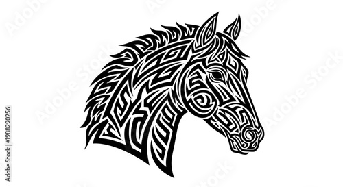 Tribal Horse Head Silhouette, Abstract Black and White Tattoo Design Art