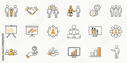 Business icons depicting teamwork strategy and successful presentations