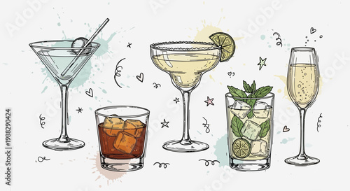 Hand-Drawn Cocktail Collection: Martini, Margarita, Old Fashioned, Mojito, Champagne
