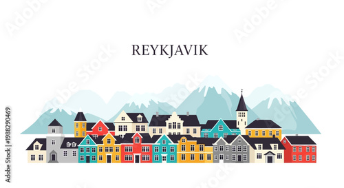 Reykjavik Cityscape With Colorful Buildings and Snowy Mountains