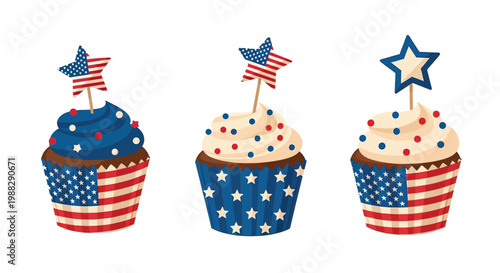 Three Patriotic Cupcakes with American Flag Decorations