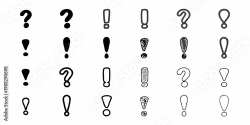 Collection of hand drawn question marks and exclamation points