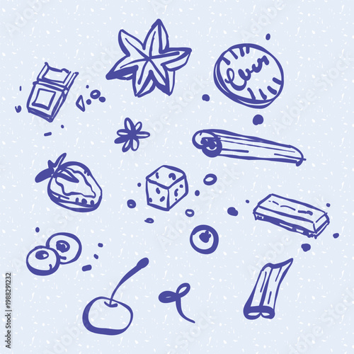 Hand drawn set of bakery ingredients including chocolate, berries, cinnamon, and sugar on textured purple. Hand drawn line. Trendy linear food illustration for cafe menu, recipe book or kitchen decor