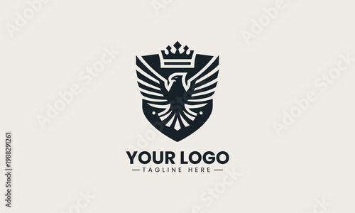 Black eagle with crown inside shield is presented as strong monochrome vector logo on clean white background for premium security and corporate branding use