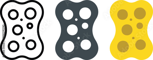 Minimal cleaning sponge icon set with perforated pads in outline solid and yellow vector flat design style