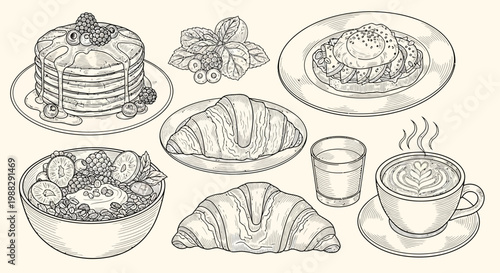 Hand-drawn breakfast spread: pancakes, croissants, coffee, fruit salad, and berries