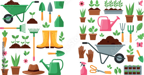 Garden Vector Icon Set with Wheelbarrow, Watering Can, Boots, Rake, Trowel, Gloves, Carrot, Seedling, Butterfly, and Plant Pot Elements