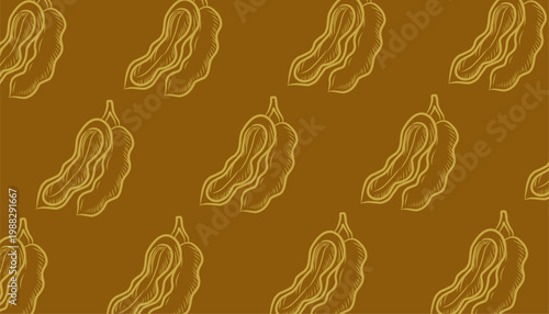 Tamarind Seamless Pattern Design. Doodle Pod Illustration Style. Organic Tropical Fruit Motif. Handdrawn Botanical Line Art. Background For Packaging Textile.