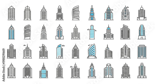 Collection of various city skyscrapers icons.
