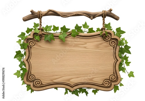 Wooden sign with green ivy leaves hanging on branch