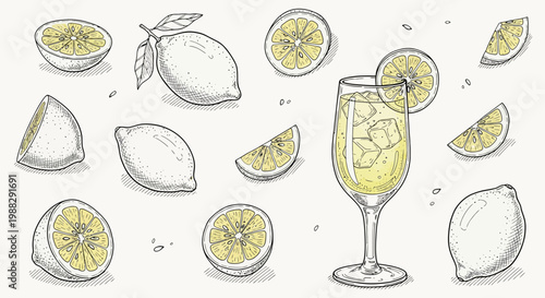 Fresh Lemonade Drink with Sliced Lemons and Whole Fruits - Hand-Drawn Sketch Style