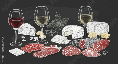 Charcuterie Board with Wine, Cheese, and Salami Assortment on Chalkboard Background