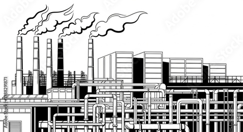 Industrial Factory with Smoke Stacks Emitting Pollution.