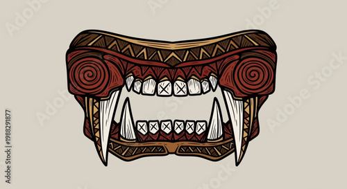 Tribal mask with fangs and intricate patterns, ancient art, cultural symbol