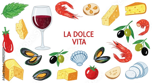 Italian Food and Wine Assortment with La Dolce Vita Text