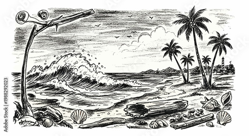 Seaside Landscape Sketch: Crashing Wave, Palm Trees, Driftwood, and Seashells on a Tropical Beach