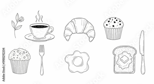 Hand-drawn breakfast set: coffee, croissant, muffin, egg, toast, and knife