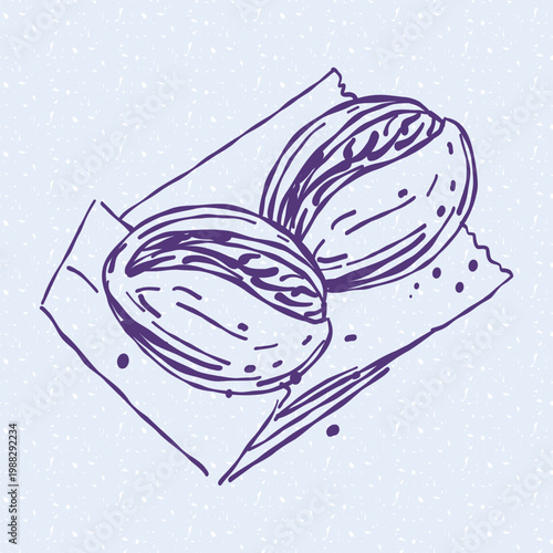 Hand drawn illustration of a group of fresh sausage rolls or pigs in a blanket on a napkin. Hand drawn line art. Trendy linear food element for bakery cafe menu, savory snack recipe book