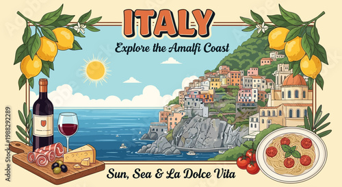 Italy Amalfi Coast Travel Poster: Food, Wine, Sea, Sun & La Dolce Vita
