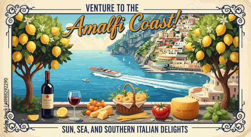Amalfi Coast Travel Poster: Lemons, Wine, Cheese, Sun, Sea, Italian Delights