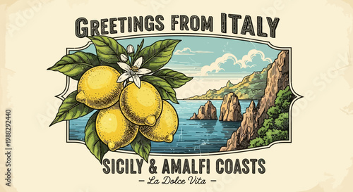 Vintage postcard style illustration of lemons and coastal Italy landscape, "Greetings from Italy"