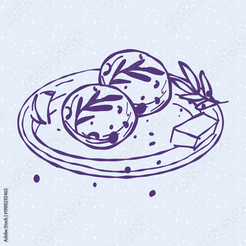 Hand drawn illustration of fresh round buns with decorative herbs, served on a plate with butter. Hand drawn line art. Trendy linear food element for bakery cafe menu or recipe book.