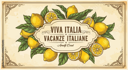 Vintage Italian Vacation Poster with Lemons: Viva Italia, Vacanze Italiane, Amalfi Coast