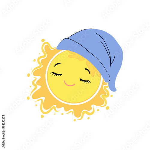 A cute smiling sun falling asleep, vector illustration on a white background. The sun character is sleeping. Suitable for summer, children's, and travel themes.