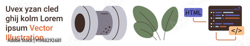 Industrial tech, sustainability, web development, coding, organic design, modern . Industrial reel, green leaves and HTML code design displayed clearly. Industrial tech and sustainability concepts