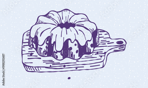 Hand drawn illustration of a delicious bundt cake with glaze on a wooden cutting board. Hand drawn line art. Trendy linear dessert element for bakery cafe menu, holiday recipe book, or kitchen posters