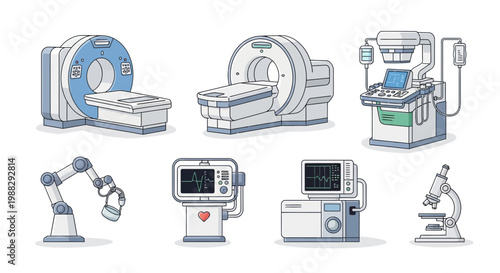 Medical Equipment Collection: MRI, CT Scanner, Robotic Arm, Monitor, Microscope