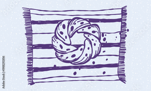 Hand drawn illustration of a fresh traditional round braided bread with seeds on a striped fringed napkin. Trendy linear food element for bakery cafe menu, breakfast recipe book, or kitchen posters