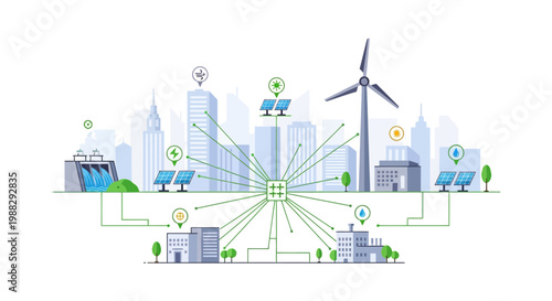 Smart City Energy Grid: Renewable Power Sources Connected to Urban Infrastructure