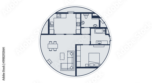 Circular Floor Plan of Modern Apartment Layout with Living Room, Bedroom, Kitchen, and Bathroom