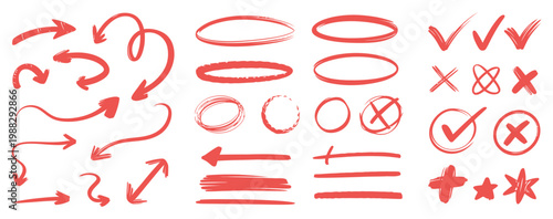 Coral arrows, circles, checks and crosses doodle set.