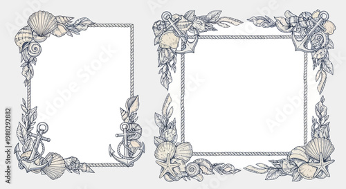 Nautical Frames with Seashells, Anchors, and Rope - Vintage Sketch Style