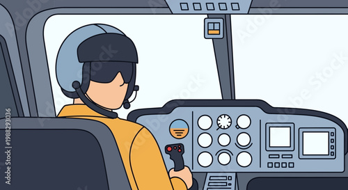 Pilot in Helicopter Cockpit Flying, Wearing Helmet and Goggles, Control Stick