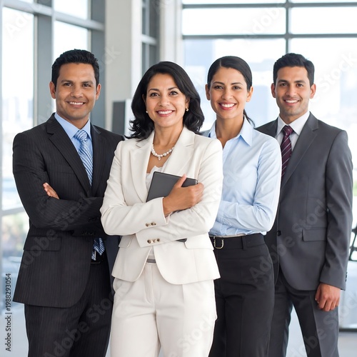 Diverse business team smiling together.