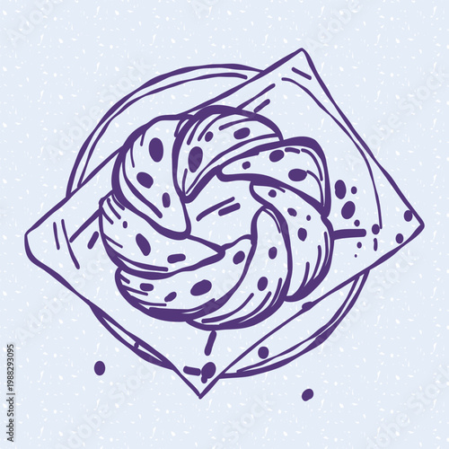 Hand drawn illustration of a fresh traditional round braided bread with seeds on a napkin and plate. Hand drawn line art. Trendy linear food element for bakery cafe menu, artisan bread recipe book
