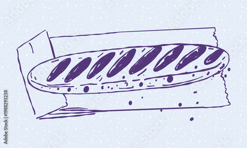 Hand drawn set of bakery ingredients including chocolate, berries, cinnamon, and sugar on textured purple. Hand drawn line. Trendy linear food illustration for cafe menu, recipe book or kitchen decor