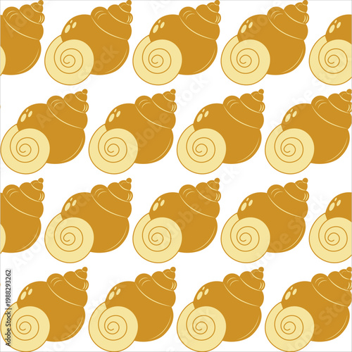 Yellow seashell seamless pattern. Vector nautical background with repeating spiral conch shells, marine nature wallpaper for textile and packaging design.