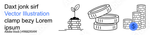 Personal finance, investments, sustainability, economic growth, wealth building, saving money. Stacked coins with a growing plant and dollar sign symbol. Investment and economic growth concept