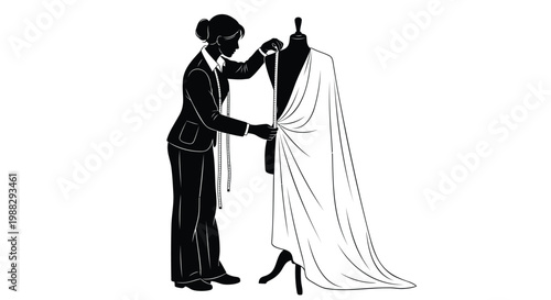 Fashion, dressmaker, tailor, measuring, illustration, vector, black and white, clothing design, seamstress
