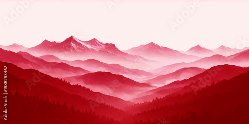 A serene morning mist blankets the snowy Alps at sunrise, where a landscape of pink and red hearts and flowers rests against the blue horizon of the mountain forest