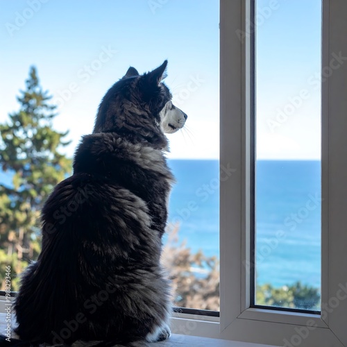 Dog looking out window ocean view.