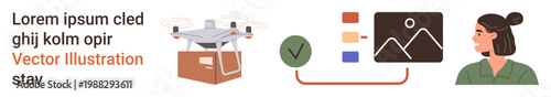 E-commerce, logistics, technology, delivery systems, communication, remote workflow. quadcopter unloading a package, checklist image display and a person in profile. E-commerce and logistics