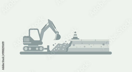 Mini excavator digging construction site, roadworks, urban development, flat design illustration